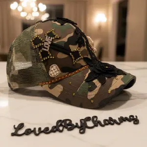 Black Camo Embroidered Hat - Roses & Black Rose Design, Gold Chain Embellishment, Camo Print, Embroidered Floral, Graphic Embroidery Styles, Black Camo Hats, Camo Print Hats