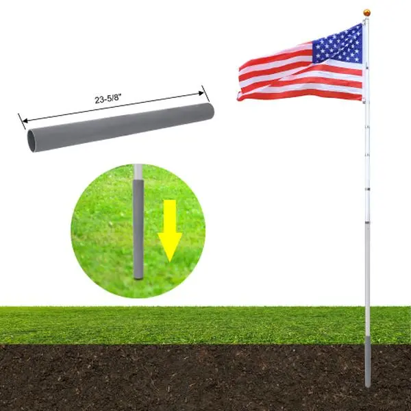 25FT Telescoping Extra-Thick Heavy-Duty Aluminum Flag Pole Kit - Inground Outdoors Sectional Pole with Topper Ball, 360-Degree Rotating Steel Clips for Residential or Commercial Use (Ideal for Independence Day)