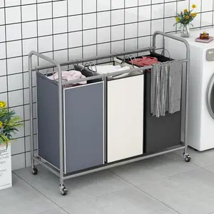 3 Section Laundry Sorter, 3 Bag Laundry Hamper Cart with Heavy Duty Rolling Lockable Wheels and Removable Bags, Laundry Organizer Basket Clothes Separator Container Black