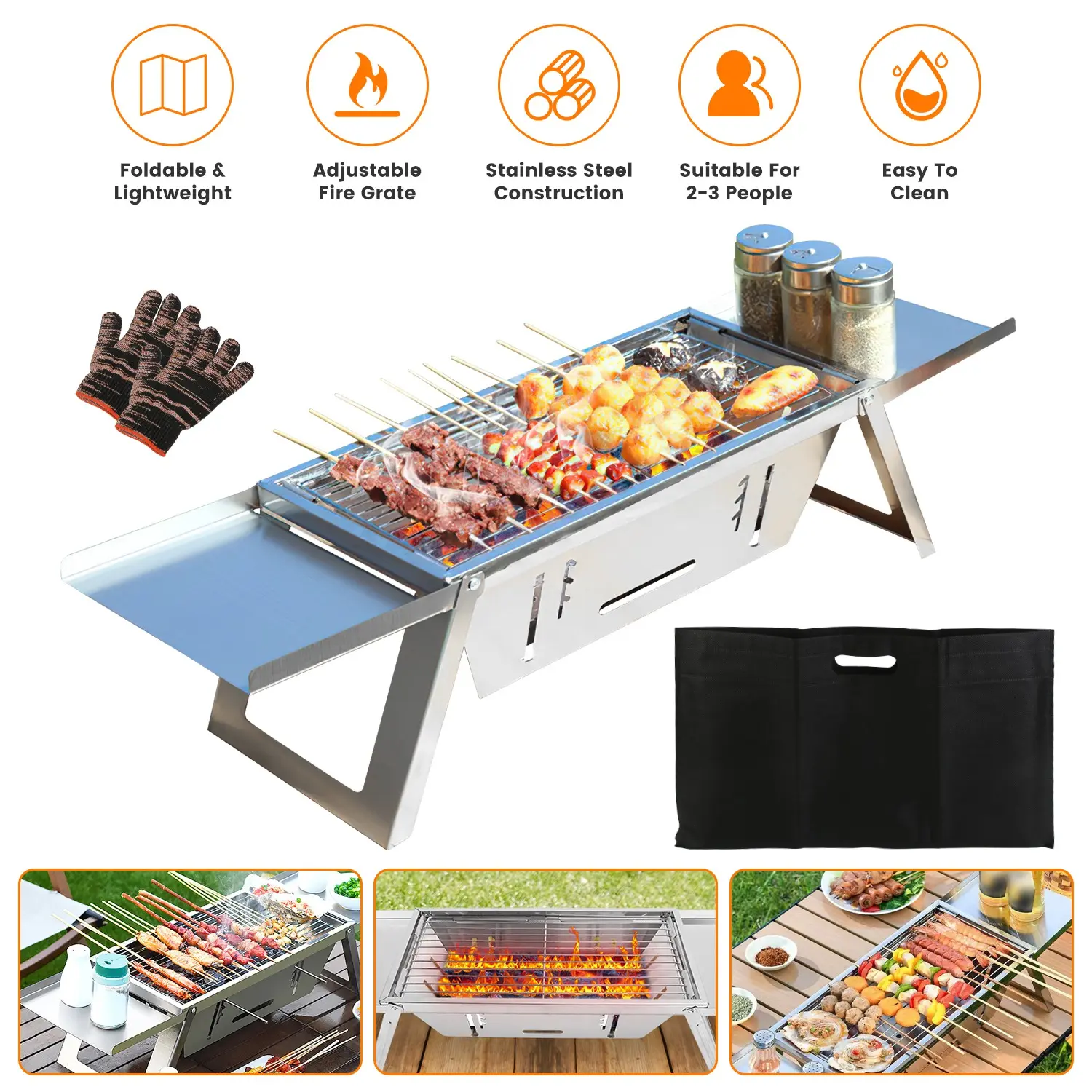 Foldable Charcoal BBQ Grill, Portable Stainless Steel Tabletop Barbecue with 3-in-1 Function, Adjustable Fire Grate, Foldable Side Shelves, Carry Bag and Gloves for Camping & Outdoor
