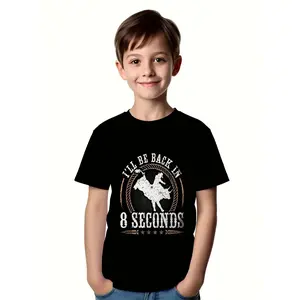 1/Boys Denim Bullfighter Rider T-Shirt- "I'll Be Back in 8 Seconds" Graphic, Black Casual T-Shirt, Short Sleeve, Crew Neck