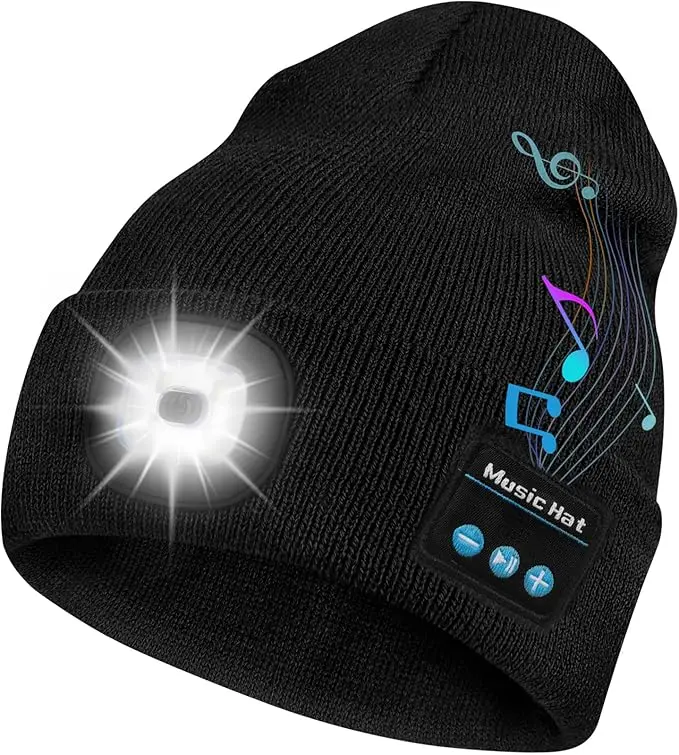 LED Hat Bluetooth Lighted Beanie,Unisex USB Rechargeable 6 LED Headlamp,Musical Knit Hat with Headphones and Built-in Speaker Mic,Unique Christmas Birthday Gifts for Men Him Husband Teen
