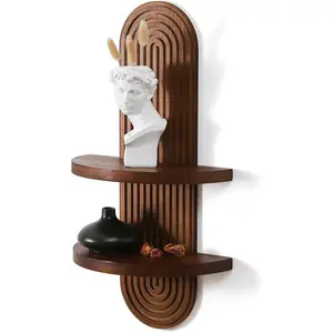 GRID FORTE Modern Wall Shelf with Arched Wood Design Mid-Century Double Floating Rainbow Shelves for Indoor Decoration Holding Planter Ornaments, 22 x 11.6 Inch (Walnut)