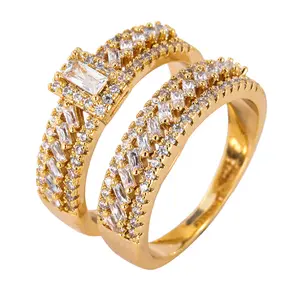 2pcs Baguette Cut CZ Ring Set, Emerald Cut Cubic Zirconia Engagement Ring with Pave Eternity Band, Gold/Silver Plated Bridal Jewelry for Women