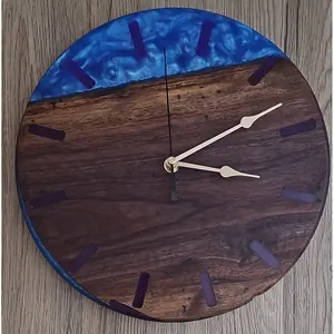 Walnut Wood with Sea Blue with Purple Number Marks Epoxy Clock