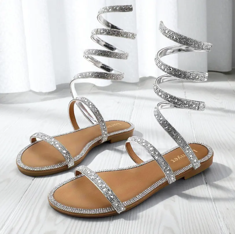 Women's Rhinestone-Wrapped Open-Toe Flat Sandals - Breathable Flex Walking Shoes with Lace-Up Ankle Straps, Gladiator Vibe Dress & Dance Footwear, Casual Elegant Sparkly Summer Commuting & Beach Shoes