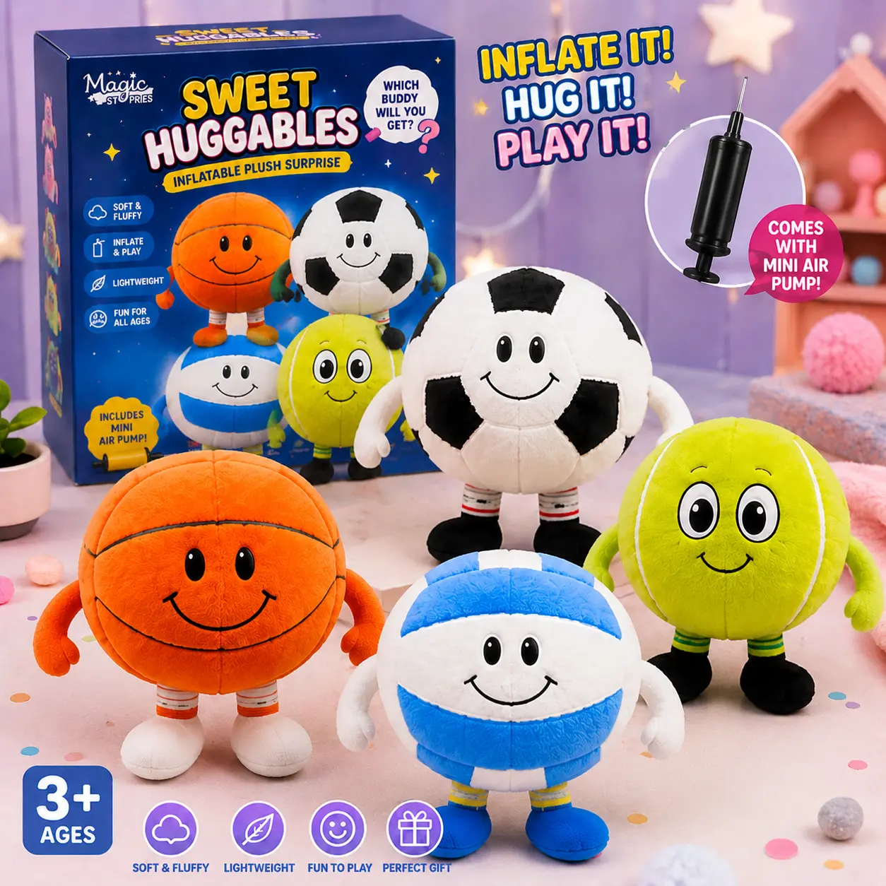 Magic Stories 9-in Inflatable Plush Toy, Surprise Blind Box Sports Ball Huggables, Soft Stress Relief Sensory Toy for Kids & Teens Gift