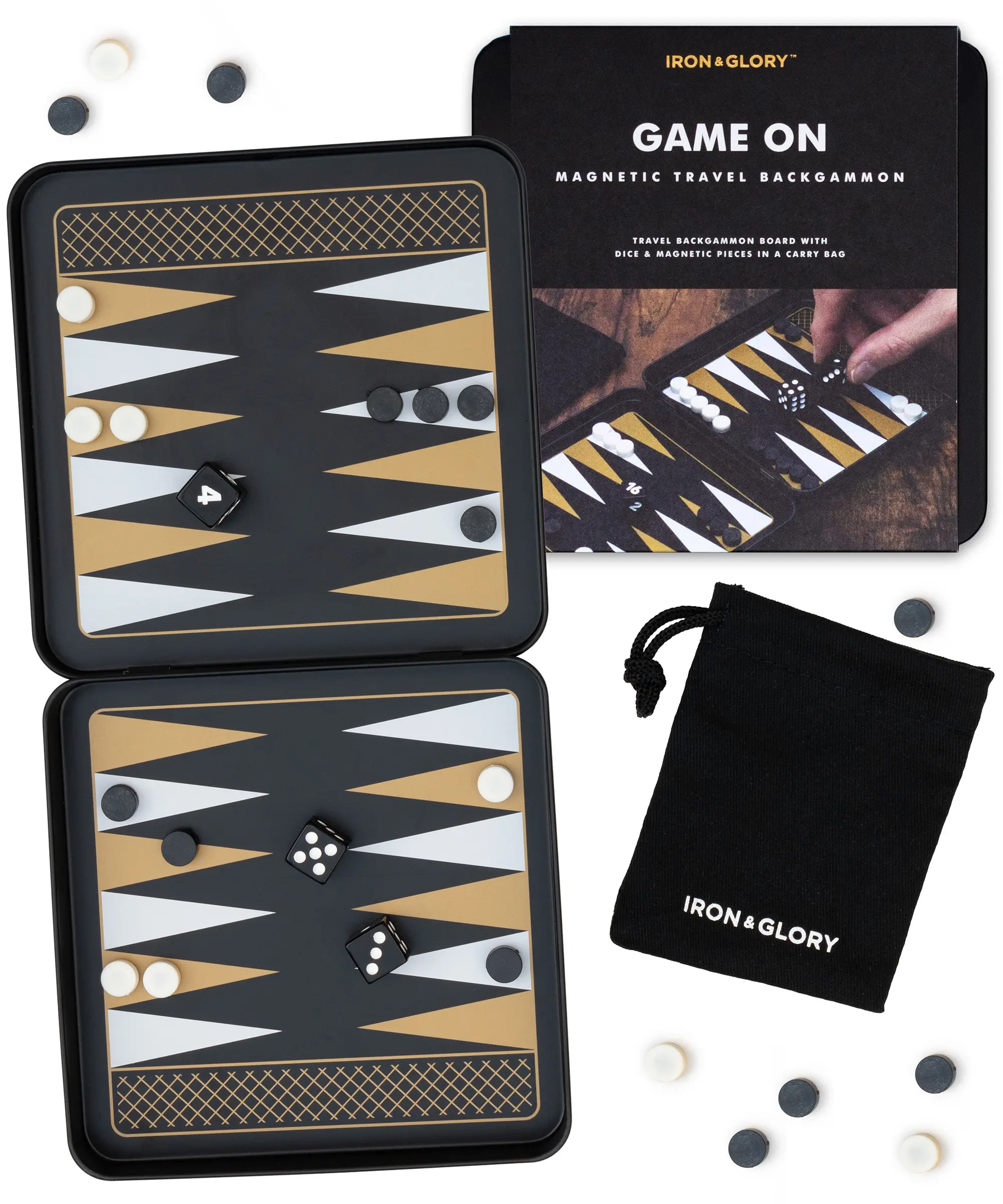 Iron & Glory Magnetic Travel Backgammon Set Durable Tin Case with Secure Magnetic Pieces - Compact & Portable Board Game for Family Strategy Game with Carry Pouch Easy On-the-Go Fun