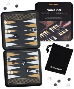 Iron & Glory Magnetic Travel Backgammon Set Durable Tin Case with Secure Magnetic Pieces - Compact & Portable Board Game for Family Strategy Game with Carry Pouch Easy On-the-Go Fun