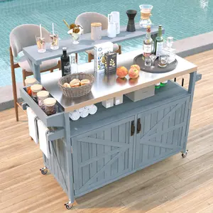 53.3" Outdoor Kitchen Island with Raised Shelf & Stainless Steel Top, Solid Wood Storage Cabinet, Rolling Grill Cart with Internal Rack, Adjustable Shelf & Spice Rack