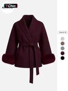 Women's Elegant Solid Color Waist Tie Plush Long Sleeve Thermal Wrap Coat Outerwear