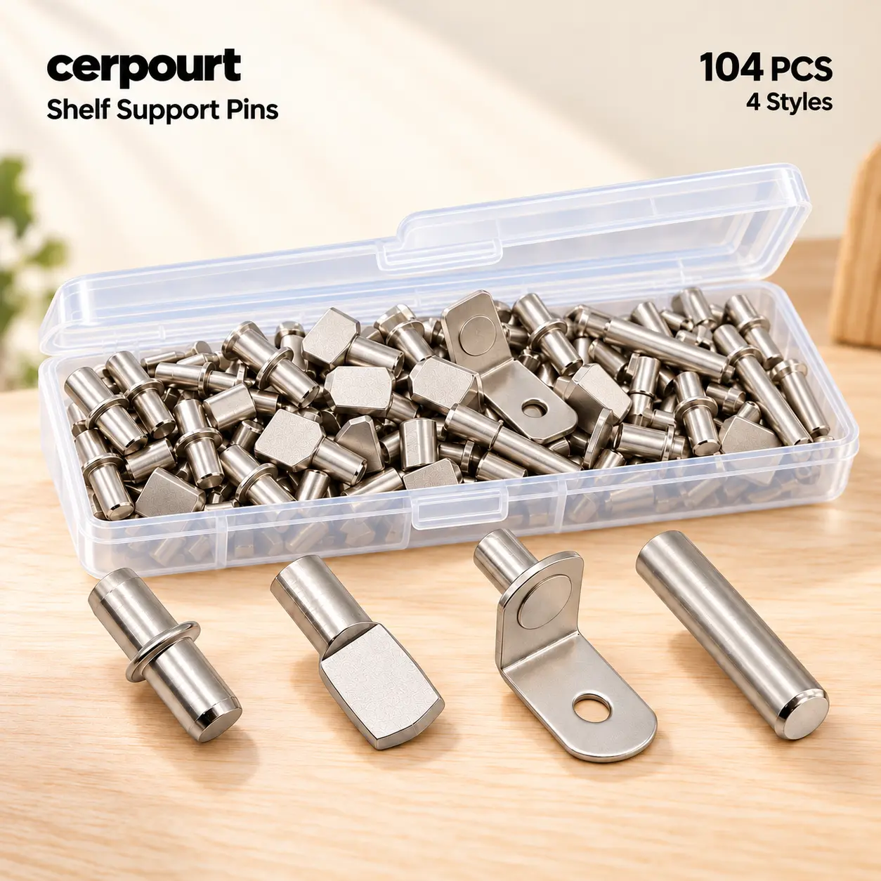 104PCS Shelf Support Pins Kit, 4 Styles Nickel Plated Shelf Pegs, 5mm & 1/4 Inch Metal Cabinet Shelf Support Bracket Pins for Cabinets, Bookcases, Closets & Kitchen Furniture