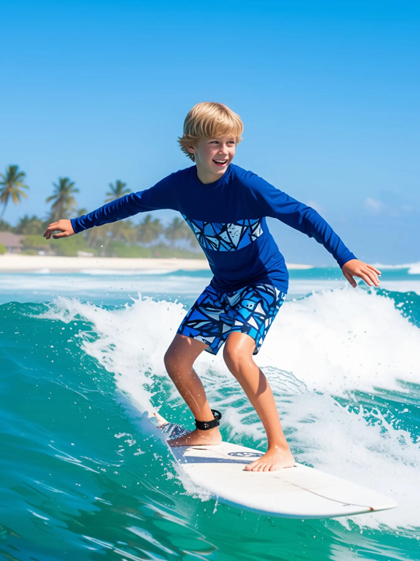 Alphabet and Plant Leaf Print Swimwear Set: Boys' Mid-to-Large Size Long-Sleeve Top and Shorts Two-Piece Set for Outdoor Swimming and the Beach, Swimsuit with Shorts
