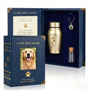 Decorative Pet Urns for Dog/Cat Ashes - Luxury Leather Book Style Dog Urn Set with Photo Window, Keepsake Urn, Pet Memorial Fur Vial, Necklace, Dog Memorial Gifts for Loss of Dog Cat