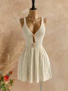 Dreamy Cream Color Crochet Knit Mini Dress, Deep V Neck, Hollow Out Details, Starfish Decoration, Boho Style, Perfect for Beach Vacation