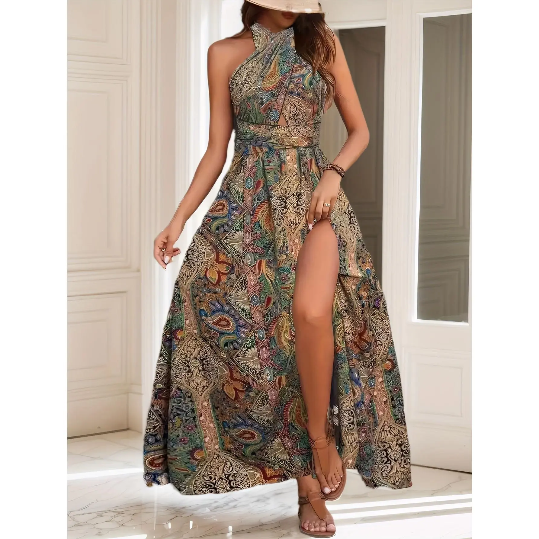 Paisley Print Halter Dress] Elegant Paisley Print Women's Halter Neck Dress  | Crisscross Back, Slit Thighs, Bow Detail, Machine Washable A-Line Resort  Dress | Formal Attire, Sophisticated Design - TikTok Shop