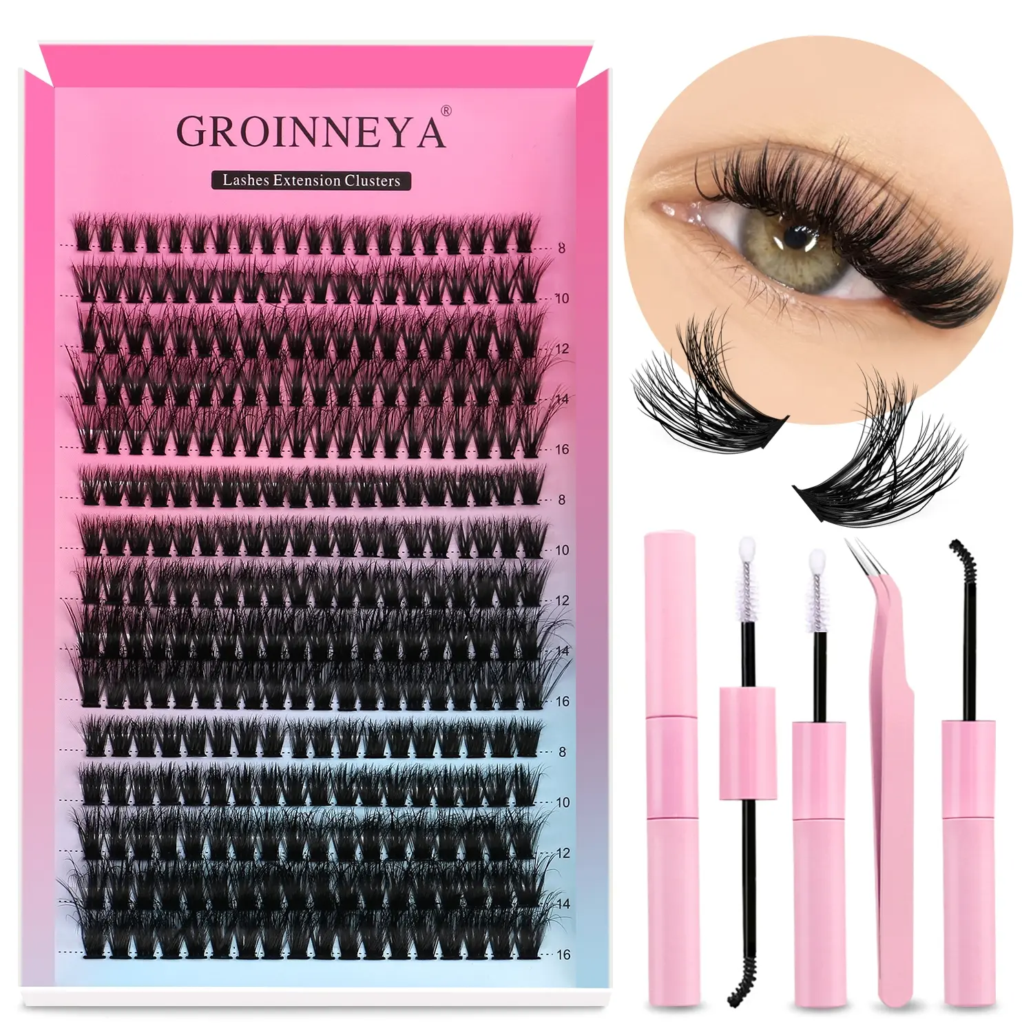 GROINNEYA Cluster Lashes Kit, Fluffy Lash Clusters, Individual Lashes Lash Bond & Seal Faux Mink Lashes Eyelash Extension DIY at Home, DIY Eyelash Extensions, Diy Dramatic Lashes, Eyelash Clusters, Fluffy Volume Eyelashes, Cosmetic Eyelashes