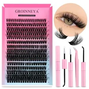 GROINNEYA Cluster Lashes Kit, Fluffy Lash Clusters, Individual Lashes Lash Bond & Seal Faux Mink Lashes Eyelash Extension DIY at Home, DIY Eyelash Extensions, Diy Dramatic Lashes, Eyelash Clusters