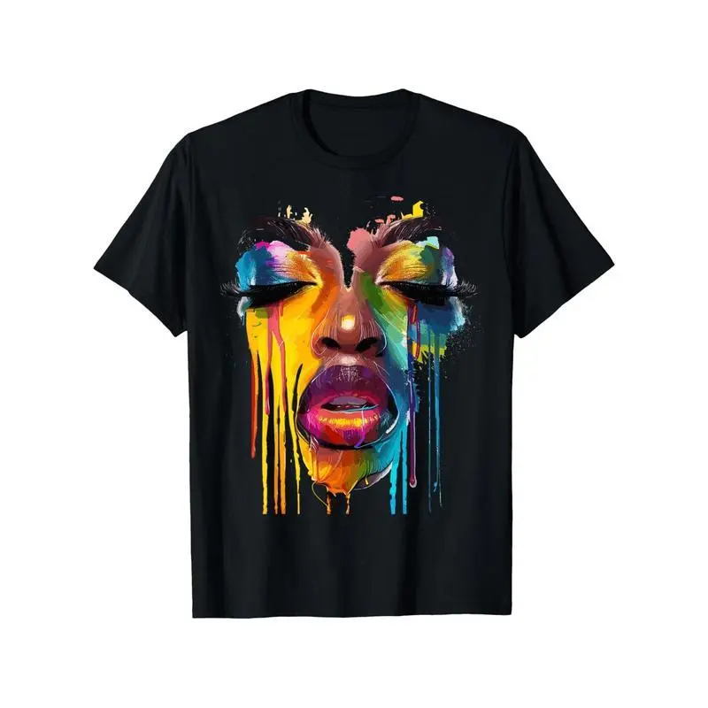 Men's 180g Cotton Short-Sleeve T-Shirt - Black African Afro Painted Face Juneteenth Graphic, Soft Breathable Moisture-Wicking Loose Fit Classic Menswear Garment, Casual Streetwear Clothes for Spring Summer, Machine Washable Party Outfit, Shortsleeve