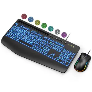 SABLUTE KX213 Large Print Backlit Wired Keyboard & Mouse Set with Wrist Rest 7-Color Backlight Ergonomic Design for Seniors Students Plug and Play Compatibility Gaming Items