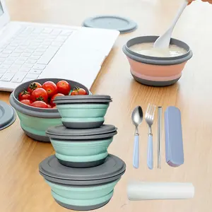 A set of 3 silicone folding bowls, salad, fruit, snack, and instant noodle bowls, Outdoor kitchenware bowl, suitable for outdoor travel, picnicking, camping, with tableware and storage bag