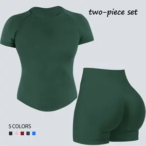 Jetjoy Womens Workout Sets 2 Piece Seamless Yoga Outfits Shorts and Short Sleeve Crop Top Hidden Scrunch Shorts Matching Gym Athletic Clothing Set Sports Fitness Gym Outfits Baseball Baseball