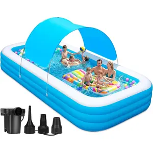 Extra Large Inflatable Pool for Adults, 145" x 74" x 22" Oversized Inflatable Pools with Canopy & Pump, Family Blow Up Pool, Inflatable Swimming Pool for Backyard Outdoor