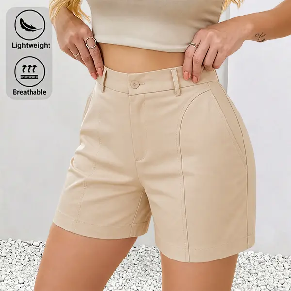 Women’s black casual work shorts, high-waisted shorts with front drawstring design, stylish retro casual summer shorts, work casual style