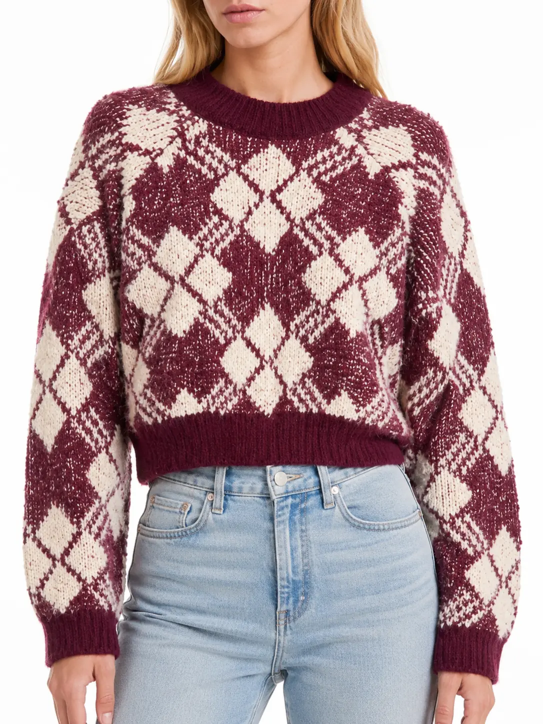 Burgundy Argyle Knit Sweater – Cozy Cropped Crewneck Pullover