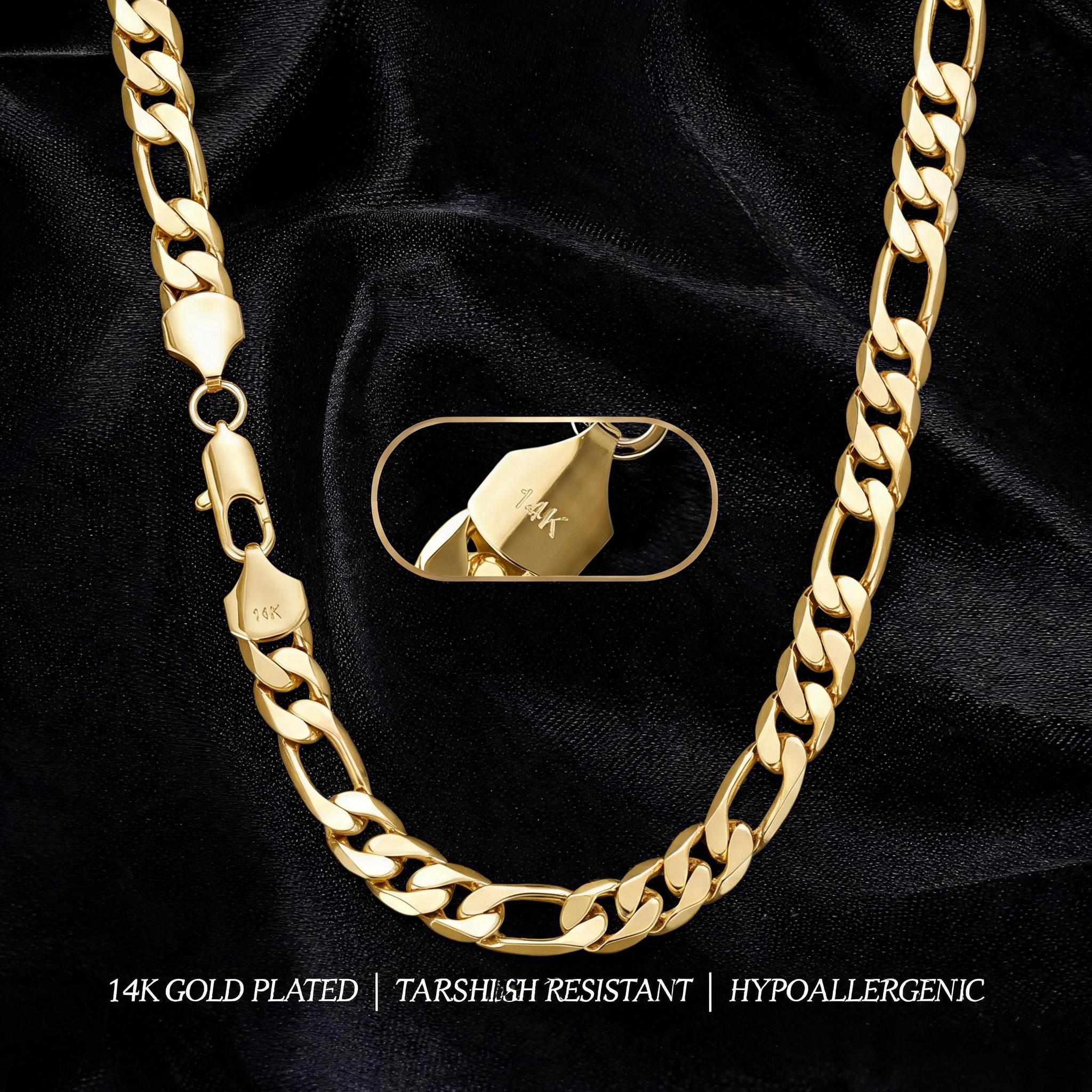 Men's 14K Gold Coated Brass Figaro Chain Necklace - 10mm Width, 20-24in Length, Italian Cuban Design, Anti-Tarnish Nano-Coating, Hip-Hop Street Style, Minimalist Layered Jewelry, Ideal Men's Gift