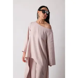Wide Linen Top JESIKA -  Breathable Lightweight Asymmetric Design with Long Sleeves, Matching Elegant Style for Women