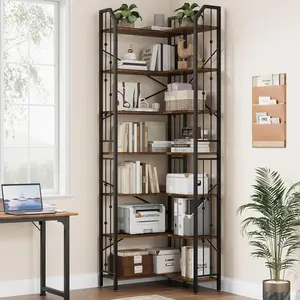 Garvee 7 Tier Corner Bookshelf, 86"H L Shaped Bookcase Adjustable with Wood Board, Industrial Storage Shelves with Beaded Design, Tall Display Book Shelf Rack for Study Living Rooms Bedroom Office ﻿