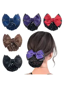 Women's Hair Net Bow Clip, Professional Work Hairstyle Clips, Elastic Mesh Bun Cover, Stylish and Functional Hair Accessory, Hairnet Bow Clips