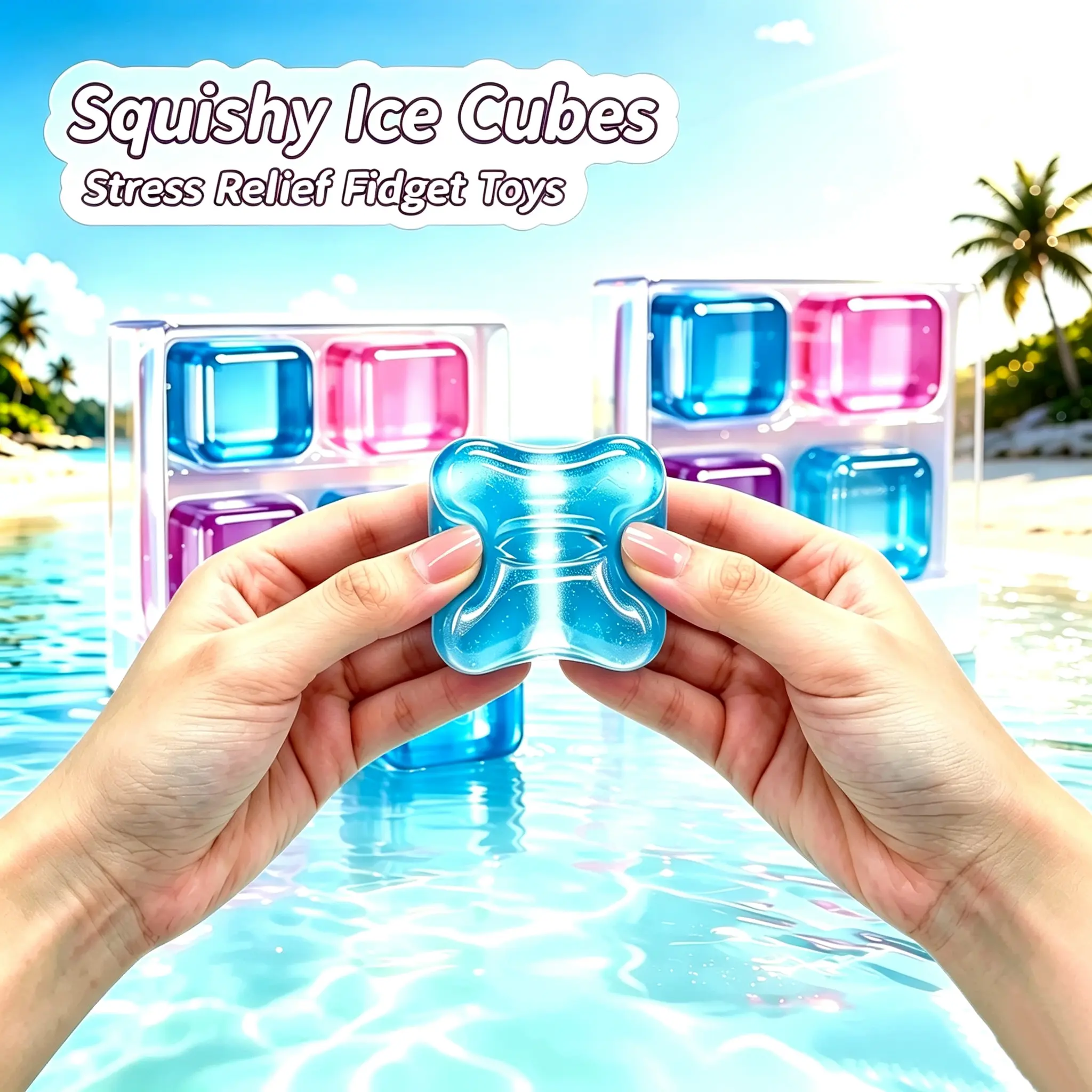 Ice Baby Cube Fidget Squishy Toy 4 Pack, Transparent Square Stress Relief Squeeze Balls
