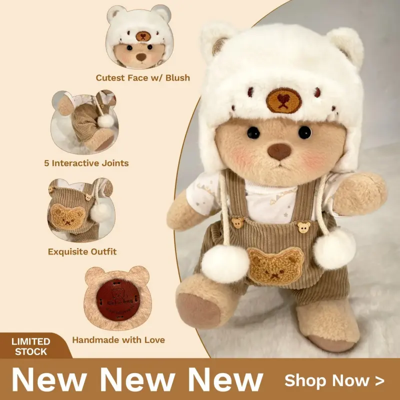 GETAHUG Handmade Jointed Collectible Teddy Bear - 12 in Standing Height, White Mink Hat, Brown Overalls, 5 Interactive Joints, Exquisite Outfit, Unisex Stuffed Animal, Ages 6+, Gift Box, Greeting Card Compatible, Durable, Fluffy, Gently Shape with a Brush