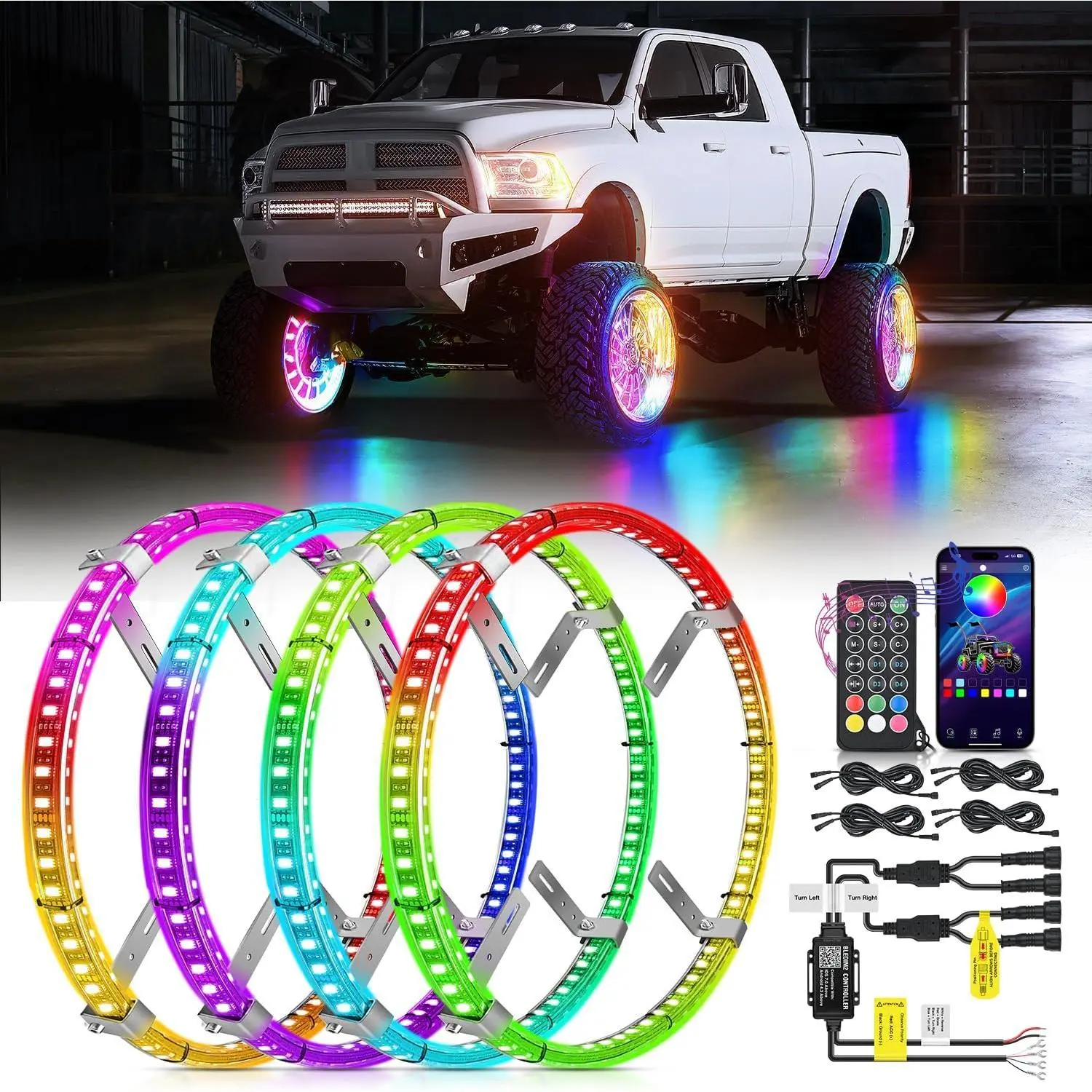 Nilight 4PCS 17.5in Double Row Multipack LED Car Wheel Ring Lights with RGB-IC Chips, Colorful Lights Wheels, APP & Remote Control Dream Color, Turn Signal & Braking Neon, DIY for Car Van SUV