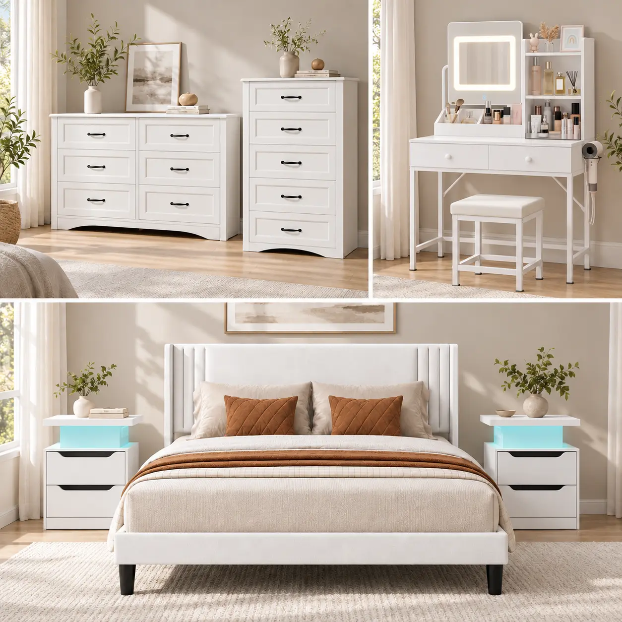 Gizoon Modern 5-6 Piece Bedroom Set - Engineered Wood Indoor Furniture, Upholstered King Bed Frame, 2 Lighted Nightstands, 6-Drawer Dresser, 5-Drawer Chest, Optional Vanity, Multi-Size, Assembly Required, Bedroom Decor, Home Goods,familyfun