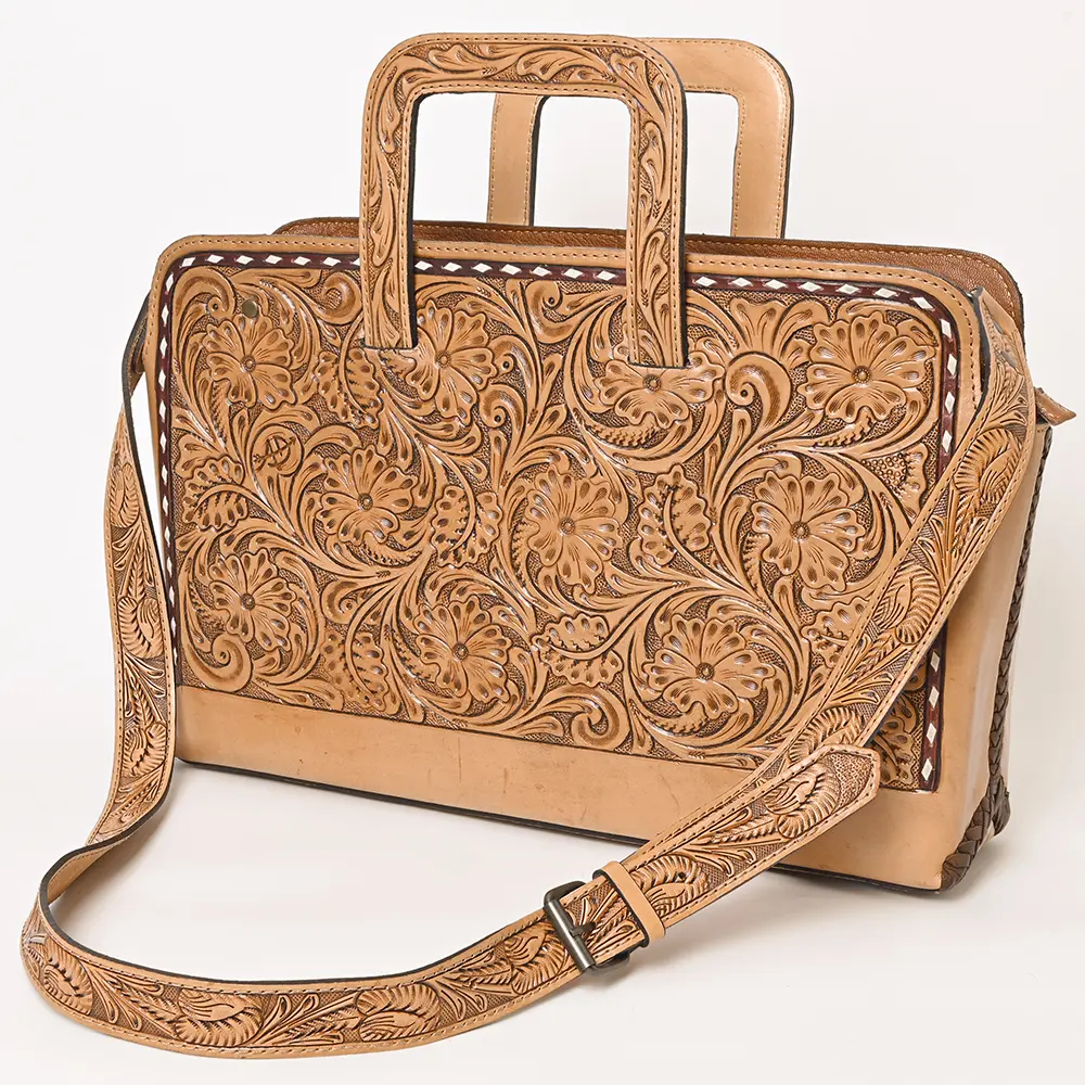 American Darling Hand-Tooled Genuine Leather Briefcase Bag – Floral Carved Western Handbag with Handles & Strap for Everyday Carry