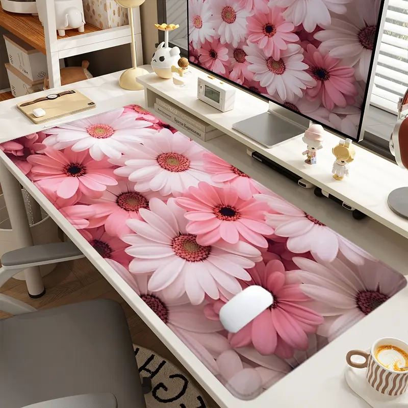 1pc Extra Large Pink - White Daisies Mouse Pad Fresh Desk Pad, Office Girly Desk Accessories, Computer Keyboard Mousepad with Non - Slip Rubber Base Durable Stitched Edge Perfect Gift for Home and Office, Girly Office Supplies