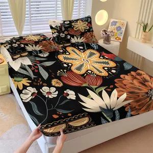Vintage Black Floral Fitted Sheet Set, 1 Fitted Sheet + 2 Pillowcases, Folk Art Boho Flower Print Bedding, Soft, Comfortable & Breathable Microfiber, All Season Bedroom Decor, Deep Pocket, Non-Slip, Bohemian Style
