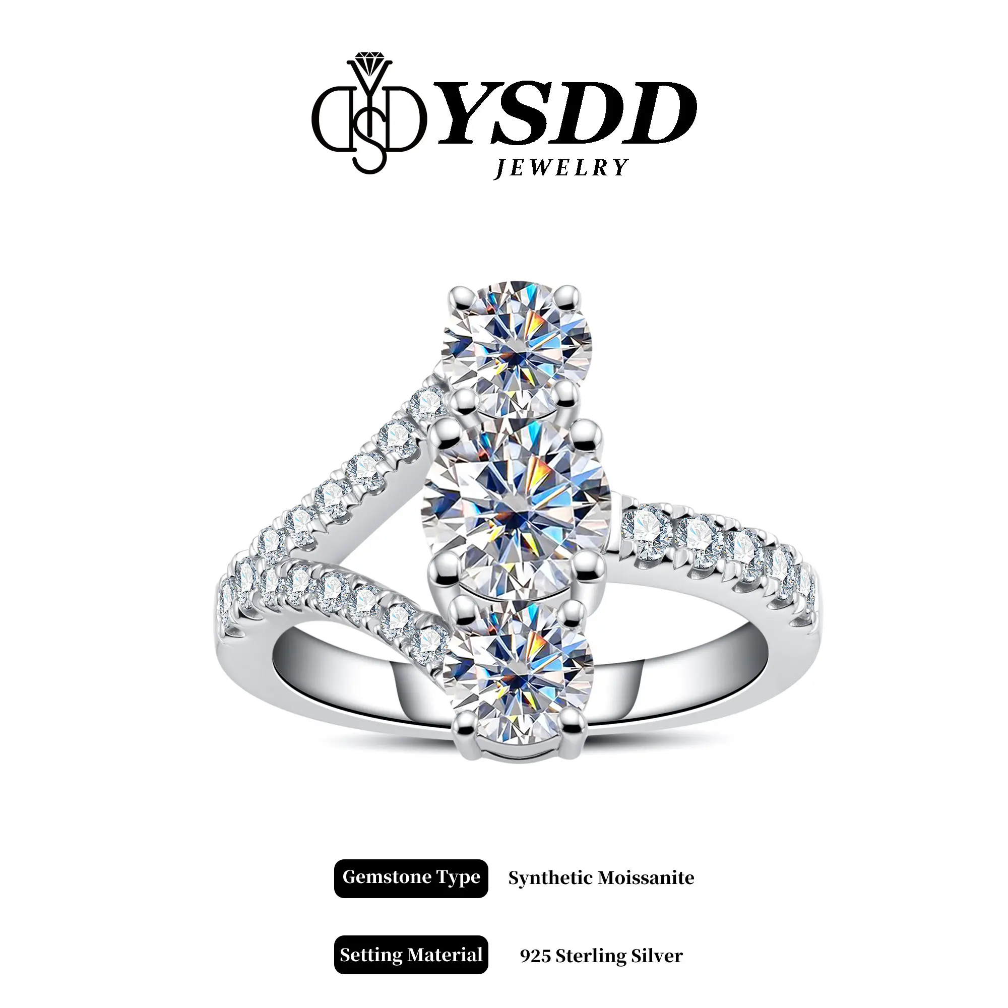 【8.8 PARTY】1.1CT Bypass Trilogy Engagement Ring Past,Present,Future vvs Synthetic Moissanite Rings in 925 Sterling Silver