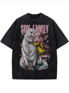 valentine shirts Men's washed street brand T-shirt | Spys Family animation printing, retro heavy T-shirt, front and back printing, loose, comfortable and breathable, machine washed fabric, hip-hop trend loose water clothing, Y2K fashion, crew neck fashion