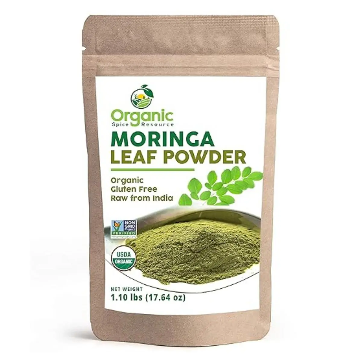 Moringa Organic Powder 1.10 lbs (17.64 oz) Non-GMO Kosher & Halal Olifera Powder Raw and Natural Beverage Mix for Dietary, Supplement, and Drink Mixes