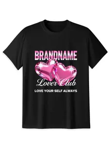 Unisex 100% Cotton "Lover Club" Double Heart Graphic T-Shirt, Y2K Pink Gem Heart Tee, Cute Self Love Aesthetic Short Sleeve Top for Men & Women, Trendy Streetwear