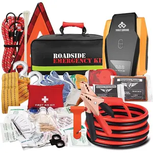 Survival Car Emergency Kit, Roadside Safety Tool Kit with Gloves,Digital Auto Air Compressor Tire Inflator, First Aid Kit, 12 Feet Jumper Cable, Tow Strap, Flashlight for Women, Men, Teenagers