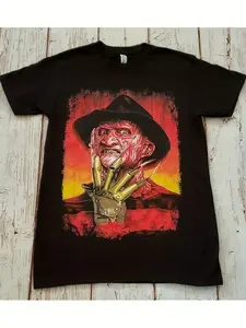 Freddy Kruger Print T-Shirt - Black features iconic horror characters with a vibrant red and yellow background, deep pleated texture and bladed glove detail, making it ideal for horror fans