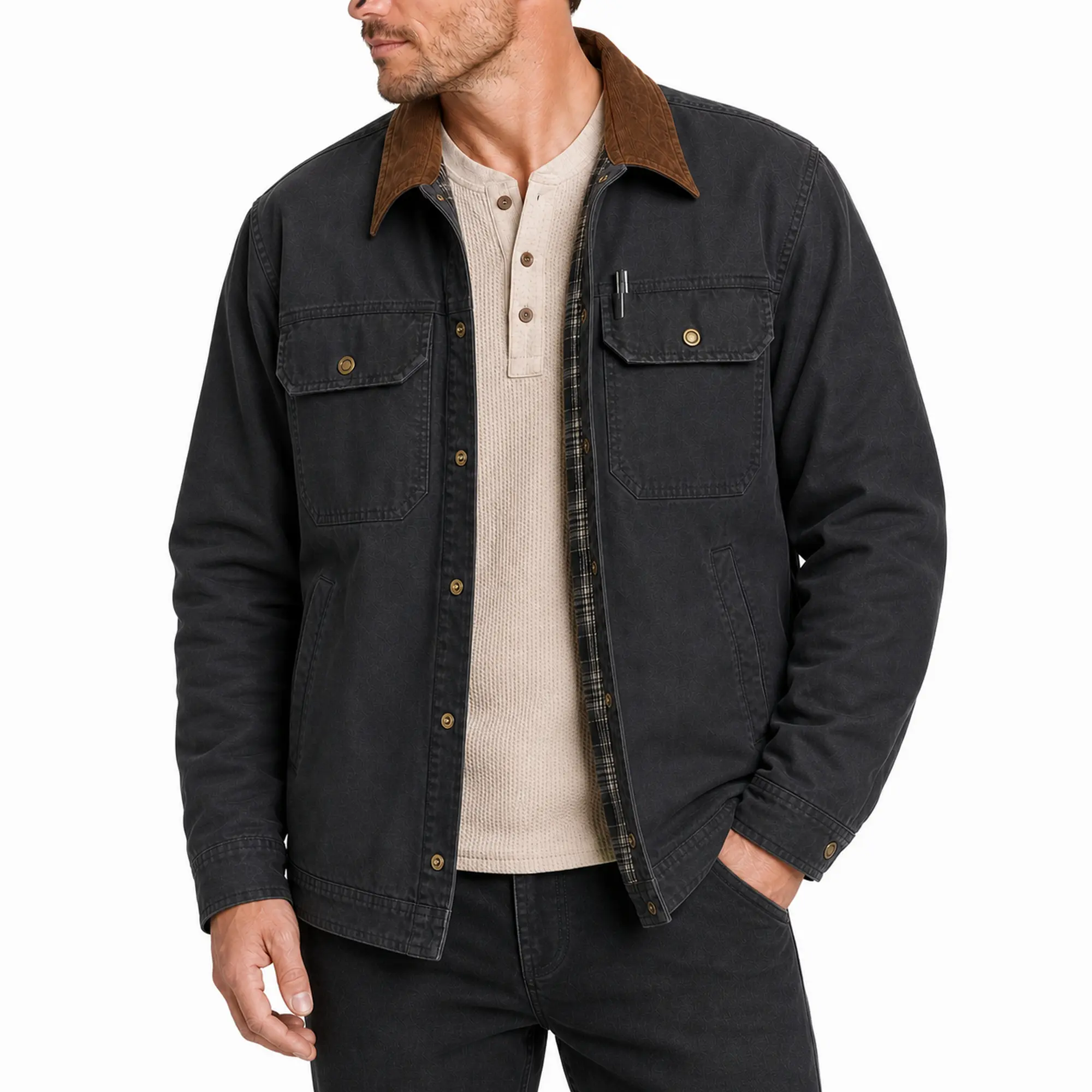 INLOKO Men’s Washed Canvas Barn Jacket, Corduroy Collar and Flannel-Quilted Lining and 6 Pockets