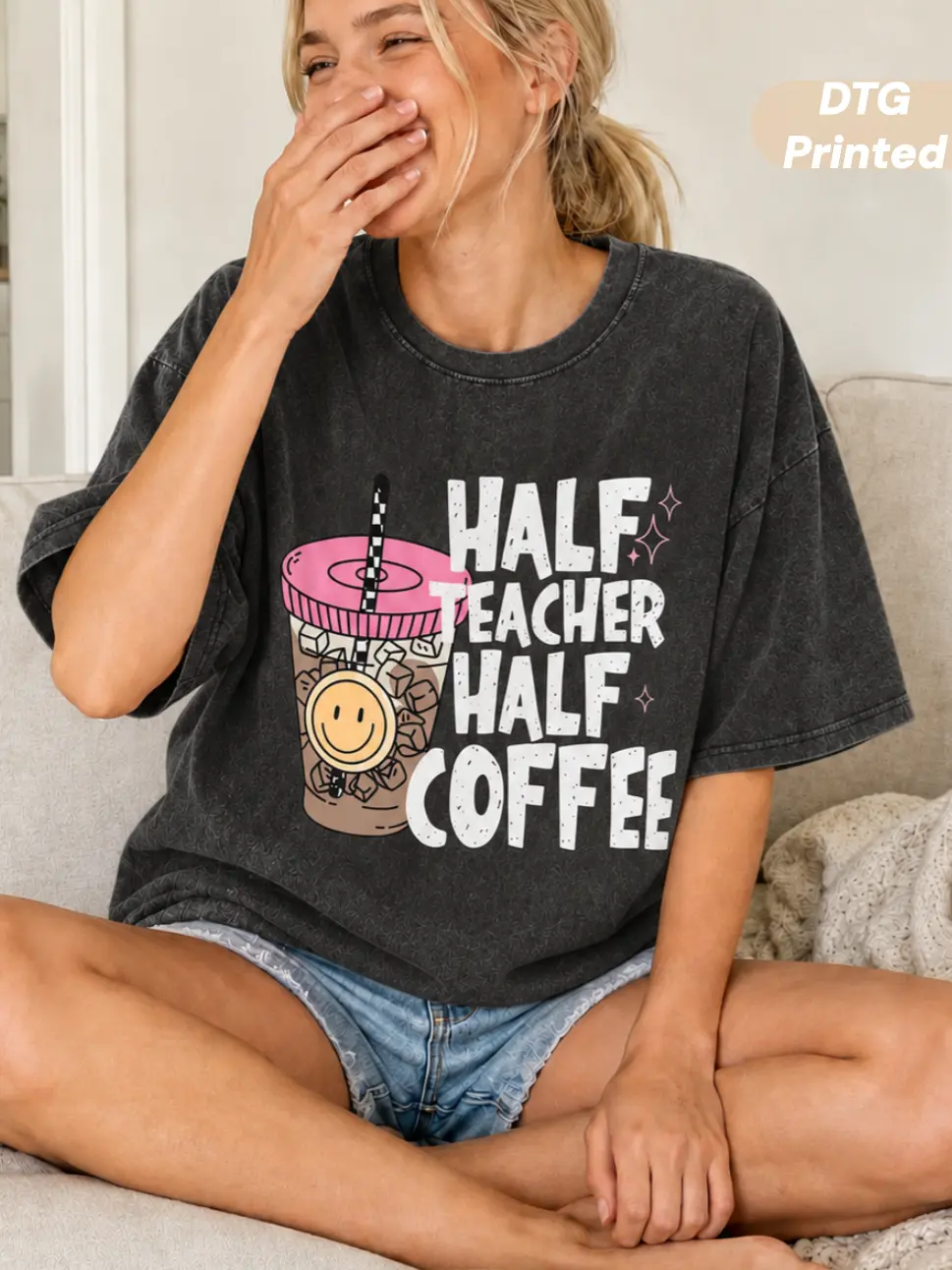 MUSEBEAU Half Teacher Half Coffee Shirt, Teacher Coffee DTG Printed Heavyweight Cotton Shirt, Funny Teacher Shirt, Coffee Lover Gift, Teacher Gifts,Vintage Washed Graphic T-Shirt,Soft Breathable Short-Sleeve Womenswear Top,All Seasons,Back To School