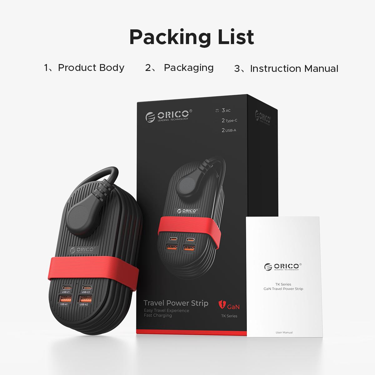 ORICO Upgraded 7-in-1 Travel Power Strip,2 Outlets & 4 USB Ports (2TYPE-C+2USB-A), 65W Fast Charging, Flat Plug，Compact for Cruise, Hotel, Dorm, and Travel Essentials- TK