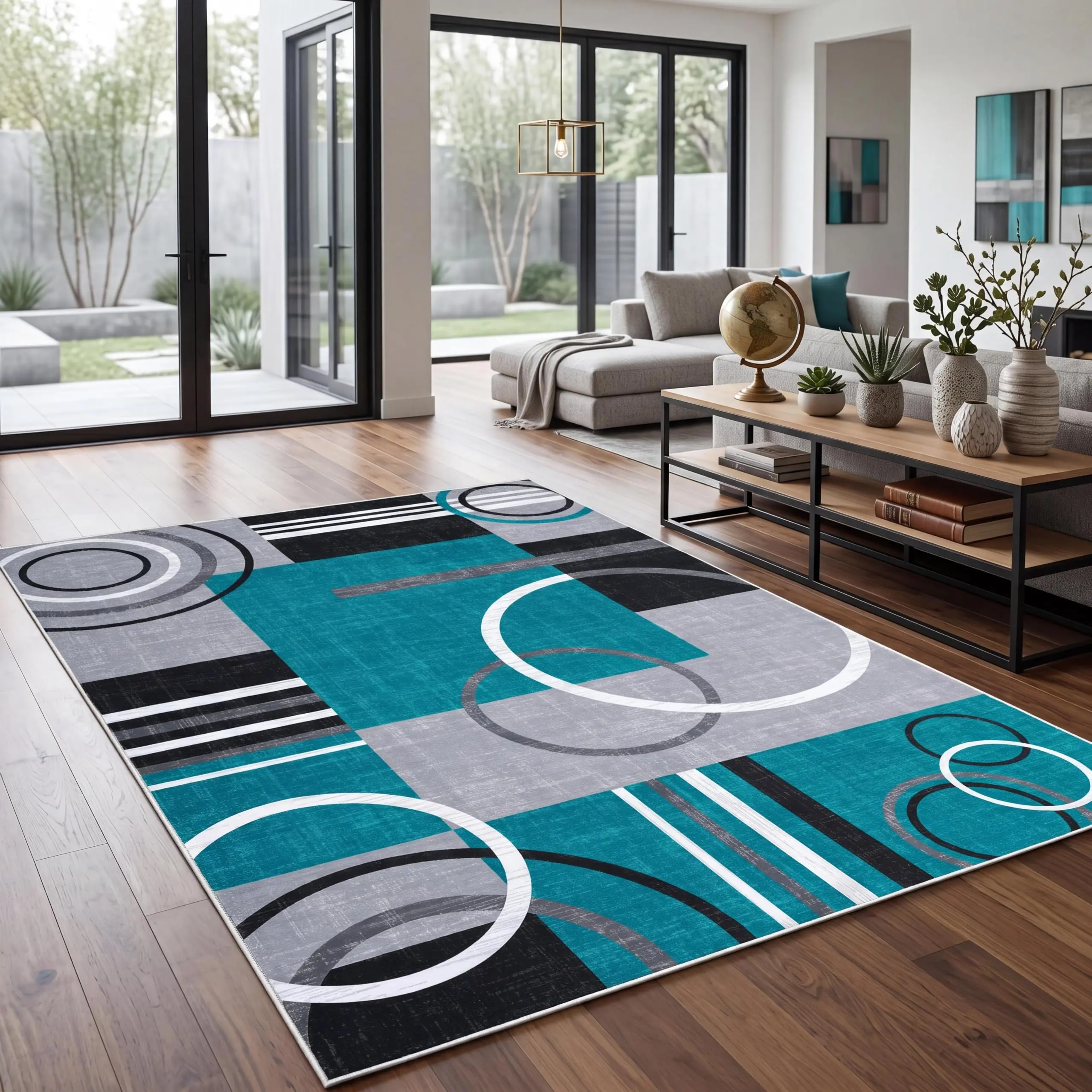 5x7 Area Rugs Abstract Geometric Washable Rugs for Living Room Soft Rug for Bedroom Non Slip Low Pile Nursery Rug Stain Resistant Floor Cover for Dining Room，Blue Green